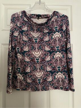 Talbots Teal and Purple Floral Scroll Long-Sleeve Top